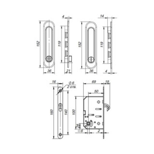 Защелка с ручками для раздвижных дверей Soft LINE SL-011 SN