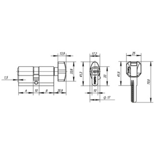 Цилиндровый механизм с вертушкой Z402/60 mm (25+10+25) PB латунь 5 кл.