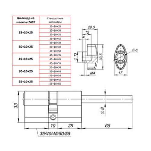 Цилиндровый Punto (Пунто) механизм со штоком Z407/75 mm (40+10+25) CP хром 5 кл.
