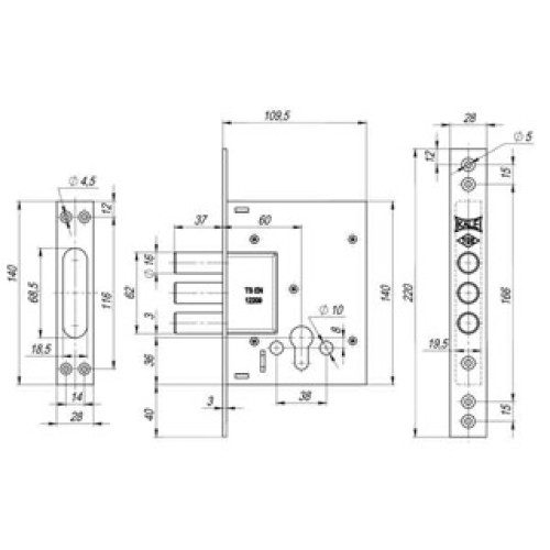 Корпус замка врезного цилиндрового 257 w/b (никель) ТЕХ. КОМПЛЕКТАЦИЯ
