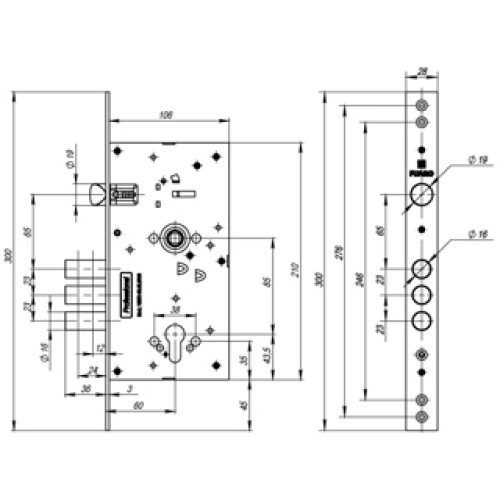 Корпус врезного замка c защелкой V25/C-60.85.3R16
