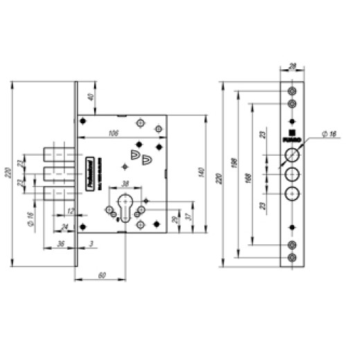 Корпус врезного замка V25/C-60.00.3R16