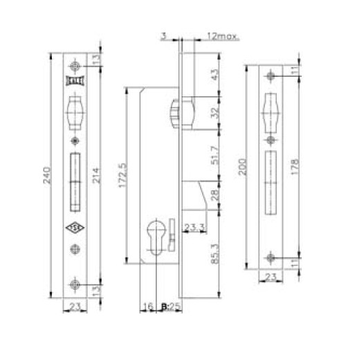 Корпус замка врезного цилиндрового узкопроф.255 (25 mm) w/b (никель)