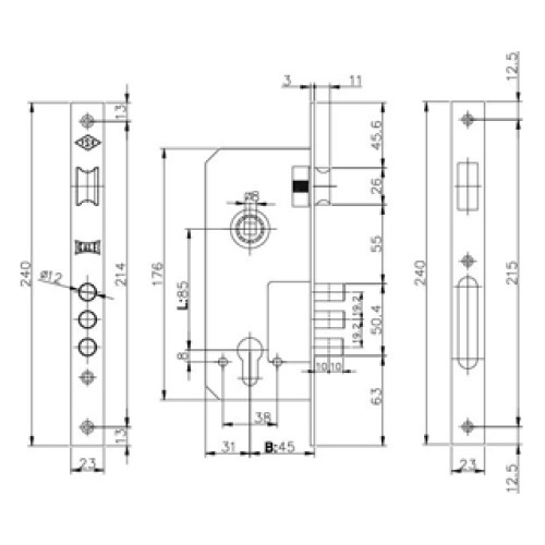 Корпус замка врезного цилиндрового 152/3MR (45 mm) w/b (латунь)