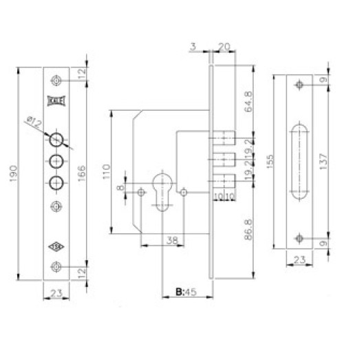 Корпус замка врезного цилиндрового 189/3M (45 mm) w/b (латунь)