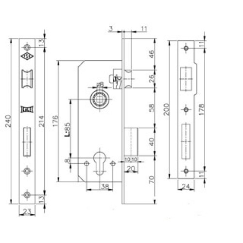Корпус замка врезного цилиндрового 152/R (60 mm) w/b (латунь)