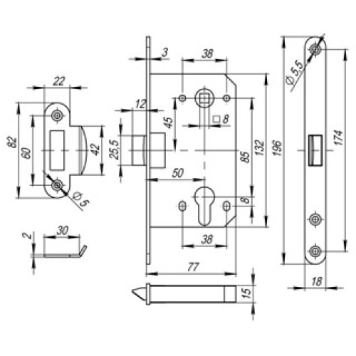 Корпус врезного замка c защёлкой PLASTP85C-50 (P85C-50) SSC сатинированный хром